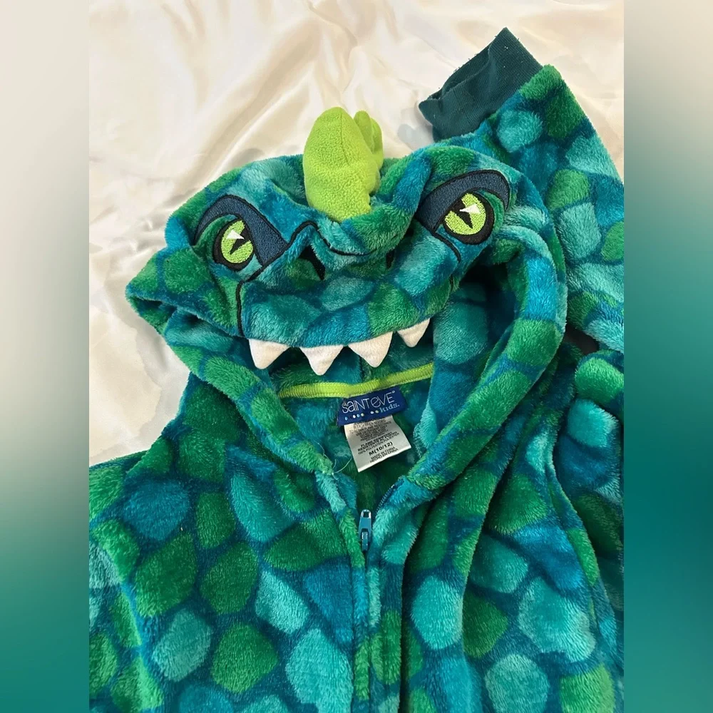 Santeve Kids Dinosaur Fleece Pajamas Hooded One Piece Costume Green Size M 10-12
